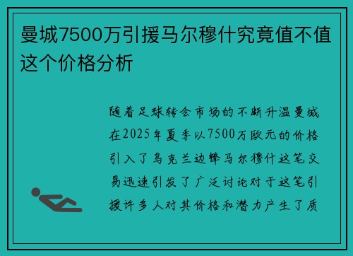 曼城7500万引援马尔穆什究竟值不值这个价格分析 曼城7500万引援马尔穆什究竟值不值这个价格分析