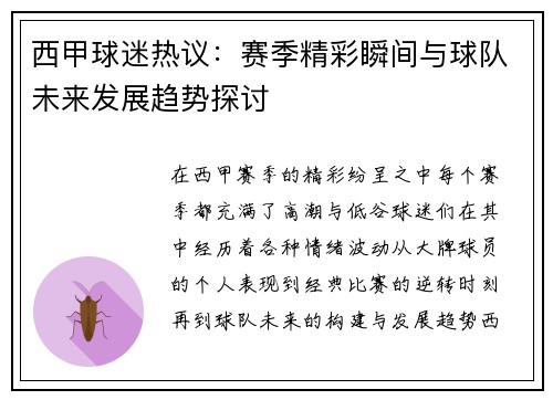西甲球迷热议：赛季精彩瞬间与球队未来发展趋势探讨
