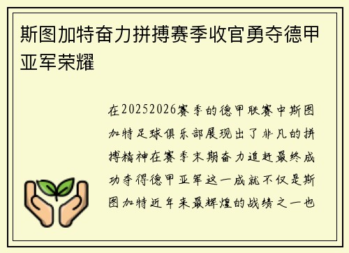 斯图加特奋力拼搏赛季收官勇夺德甲亚军荣耀 斯图加特奋力拼搏赛季收官勇夺德甲亚军荣耀