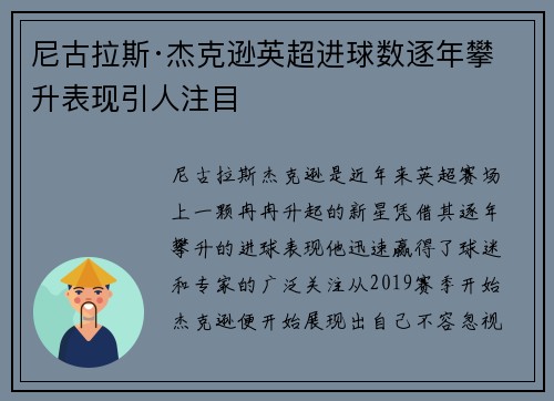 尼古拉斯·杰克逊英超进球数逐年攀升表现引人注目